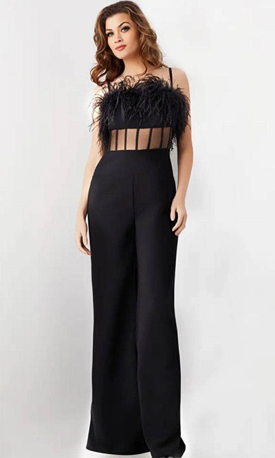 Jovani 24144 - Feather Detail Sheer Bodice Jumpsuit Formal Pantsuit