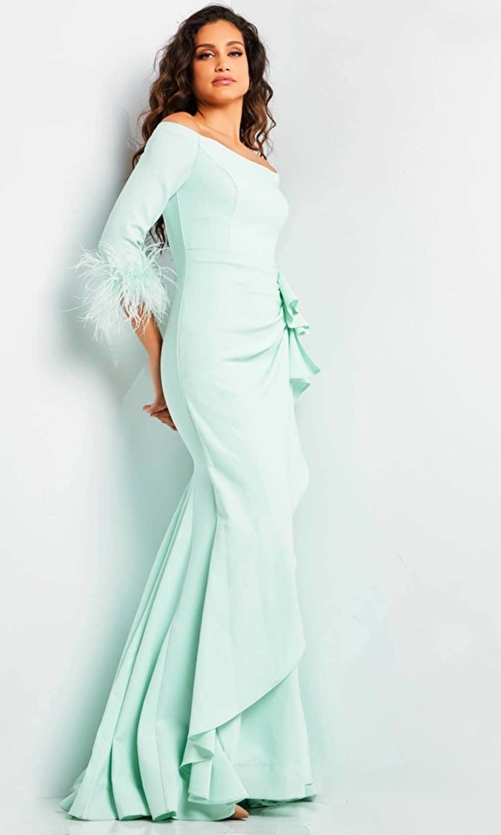 Jovani 24195 - Feather Quarter Sleeve Evening Dress Evening Dresses