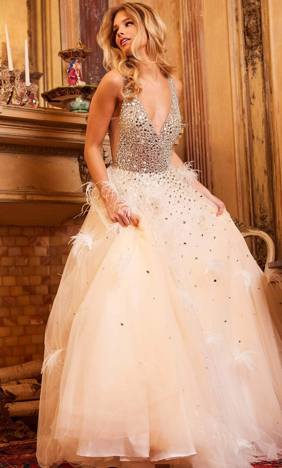 Jovani 24255 - Beaded V-Neck Feather Ballgown Special Occasion Dress 00 / Nude/Silver