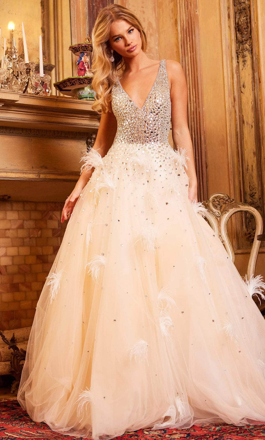 Jovani 24255 - Beaded V-Neck Feather Ballgown Special Occasion Dress