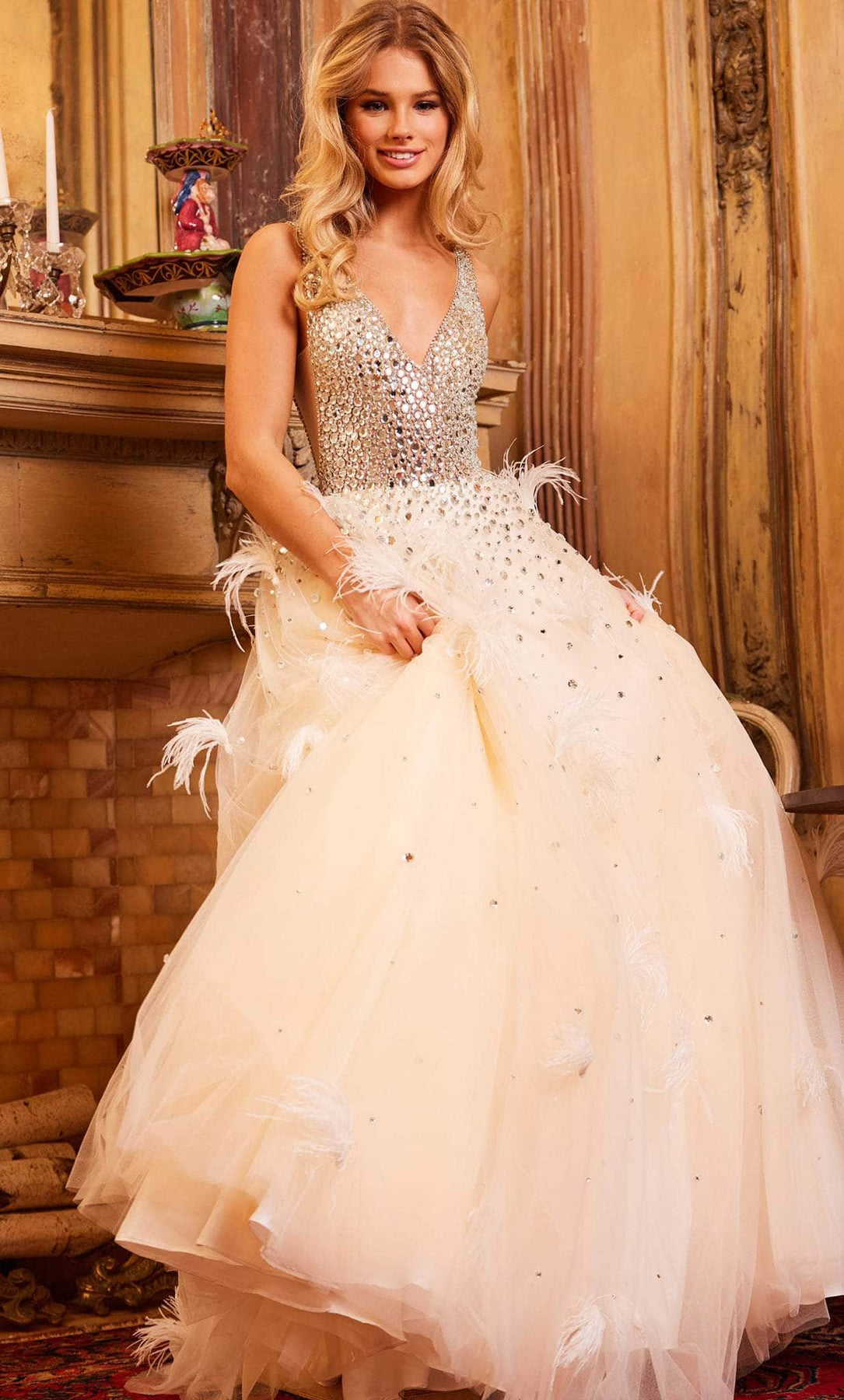 Jovani 24255 - Beaded V-Neck Feather Ballgown Special Occasion Dress