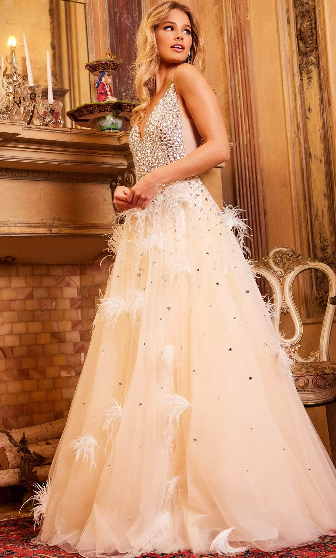 Jovani 24255 - Beaded V-Neck Feather Ballgown Special Occasion Dress