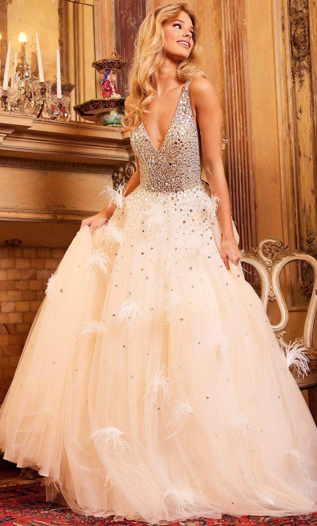 Jovani 24255 - Beaded V-Neck Feather Ballgown Special Occasion Dress
