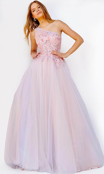 Jovani 24271 - Asymmetrical Floral Appliqued Ballgown Prom Dresses 00 / Blush/Multi