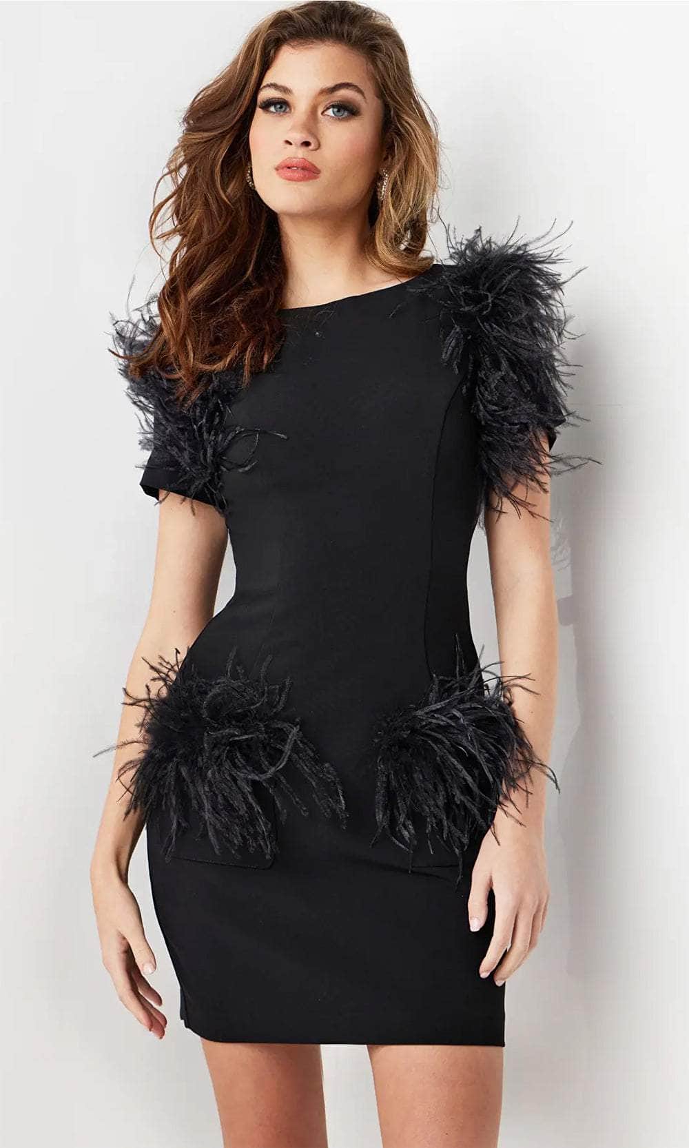 Jovani 24558 - Feather Accent Bateau Cocktail Dress Cocktail Dresses 00 / Black
