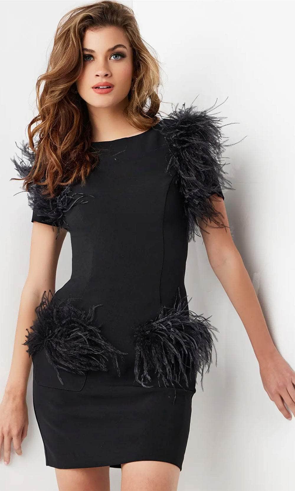 Jovani 24558 - Feather Accent Bateau Cocktail Dress Cocktail Dresses