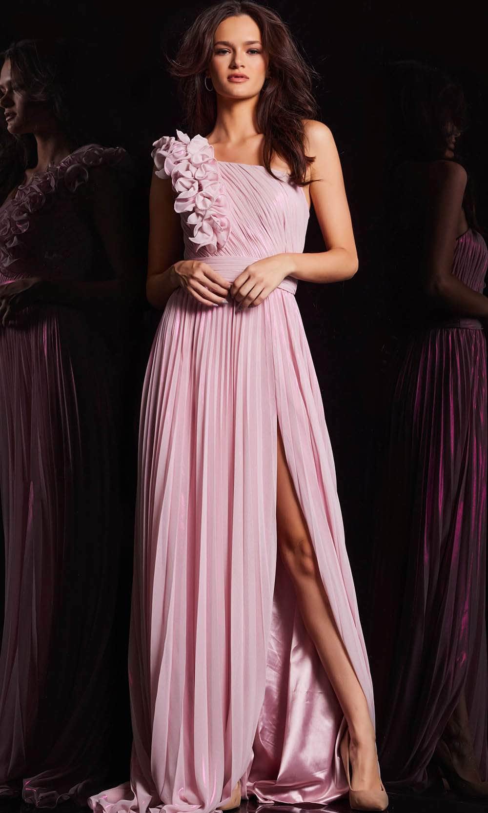 Jovani 24609 - Ruffled Shoulder Prom Gown Special Occasion Dress 00 / Light-Pink