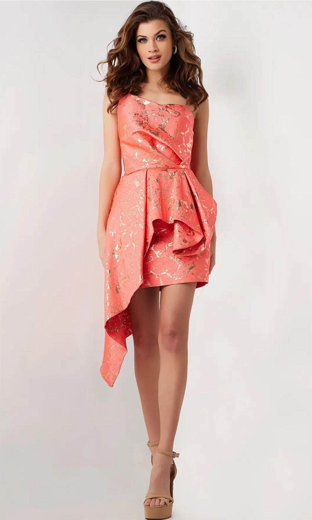 Jovani 25668 - Asymmetric Hi-Low Peplum Cocktail Dress Cocktail Dresses 00 / Coral/Gold