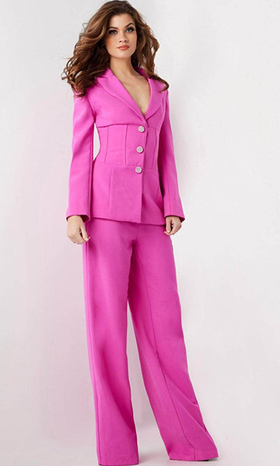 Jovani 25834 - V-Neck Blazer Pantsuit Formal Pantsuit 00  Hot-Pink
