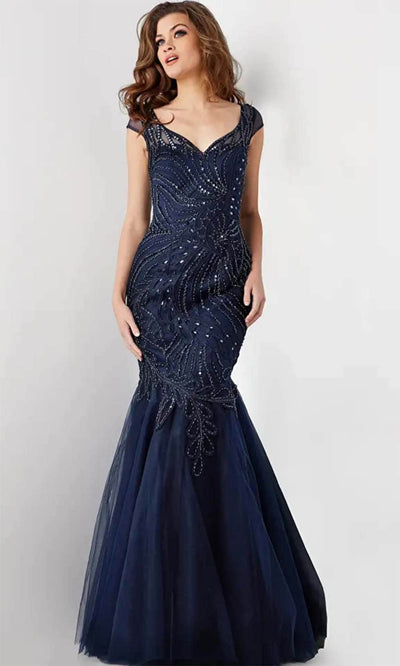 Jovani 25850 - Cap Sleeve Mermaid Gown Evening Dresses Dresses 00 / Navy