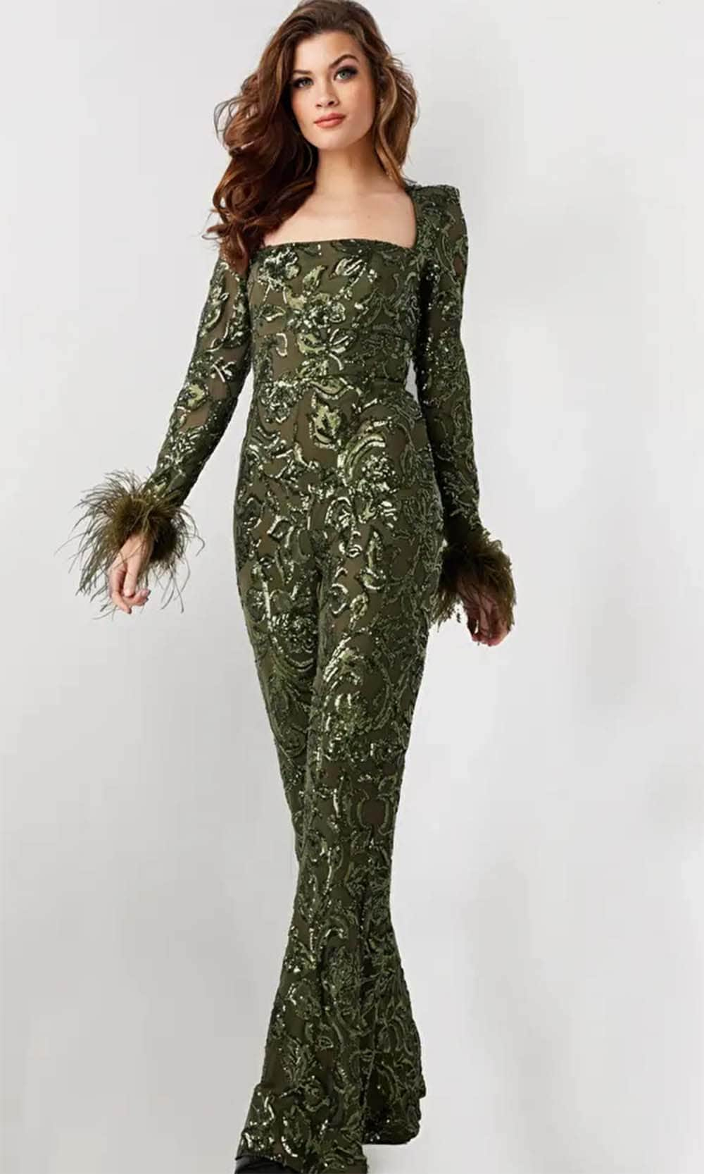 Jovani 25904 - Feather Detailed Long Sleeve Jumpsuit Formal Pantsuit 00 / Olive