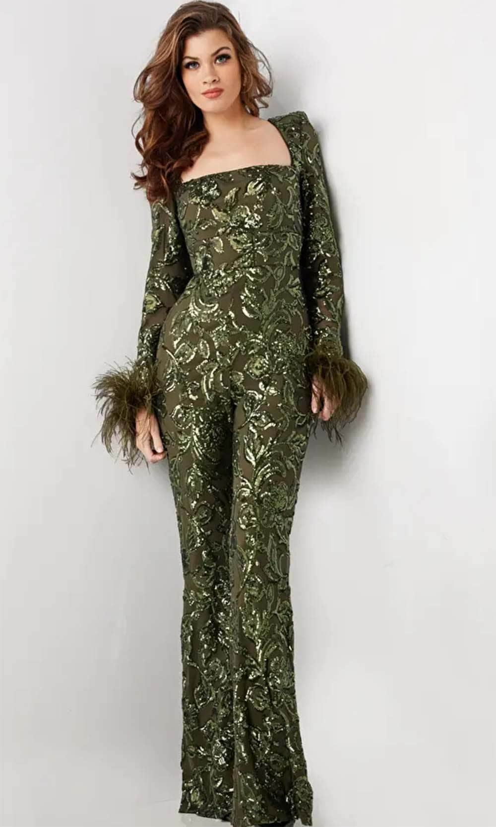 Jovani 25904 - Feather Detailed Long Sleeve Jumpsuit Formal Pantsuit