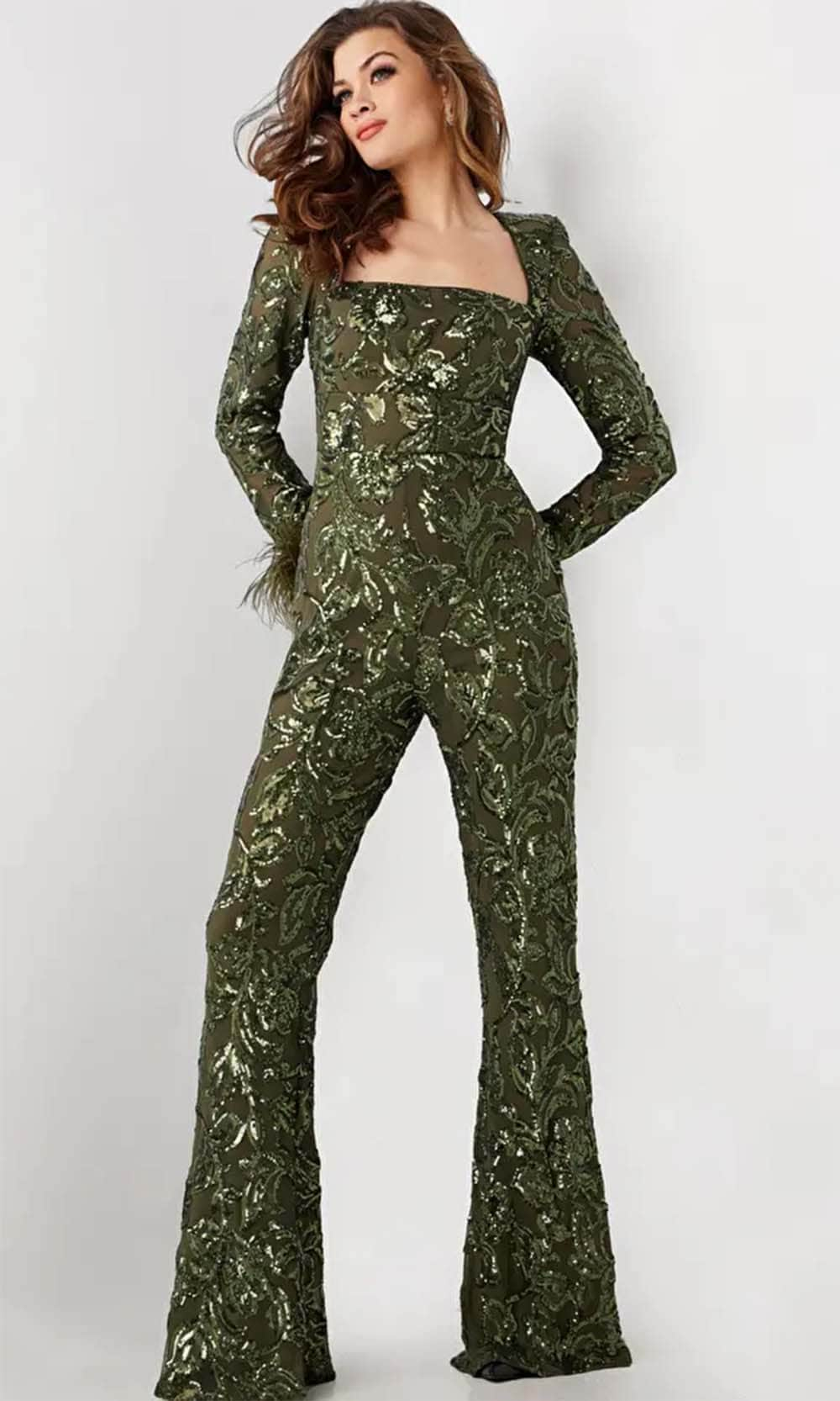 Jovani 25904 - Feather Detailed Long Sleeve Jumpsuit Formal Pantsuit