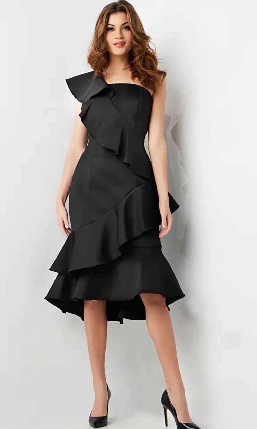 Jovani 25971 Knee-Length Sheath Dress One-Shoulder, Ruffle