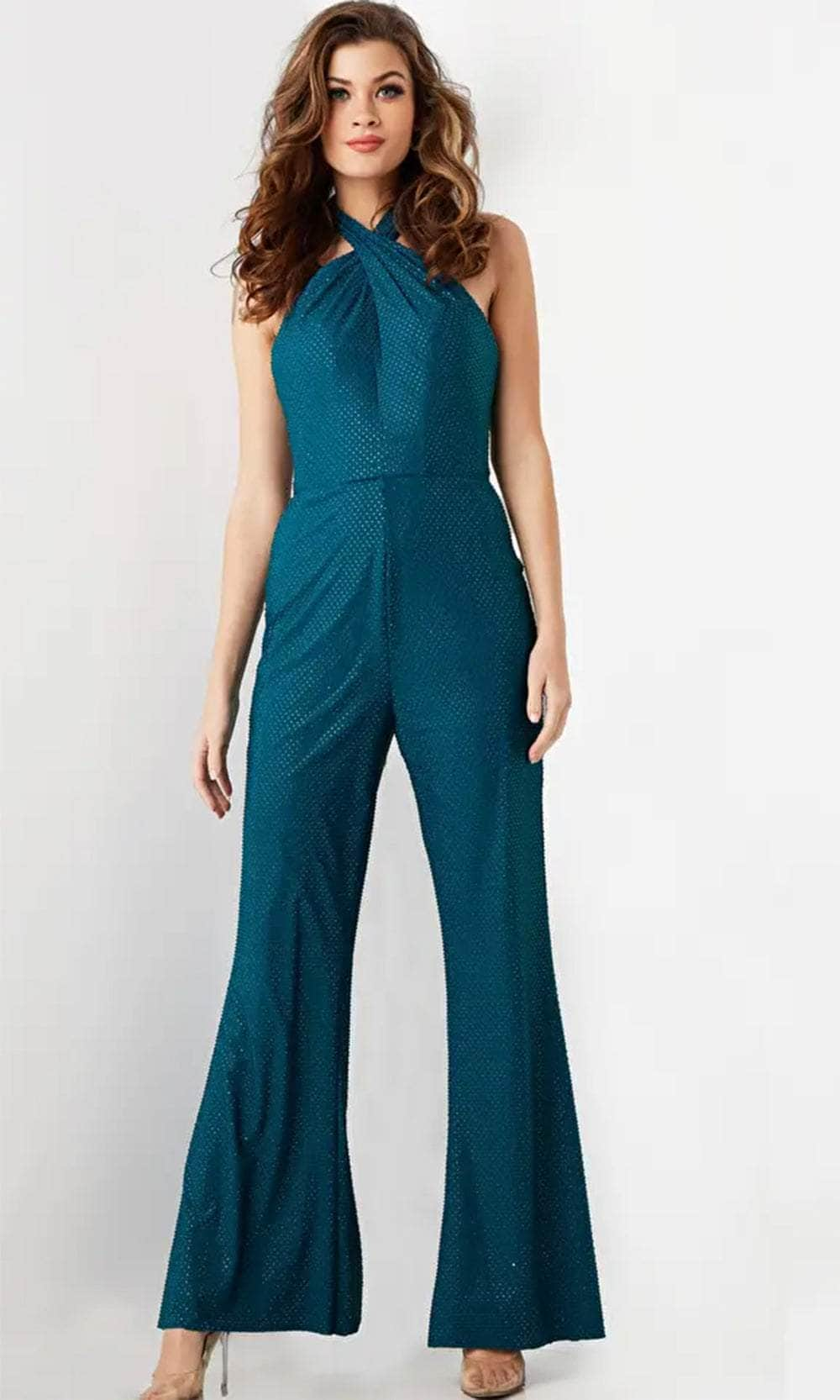 Jovani 25977 - Open Back Halter Jumpsuit Formal Pantsuit 00  Teal