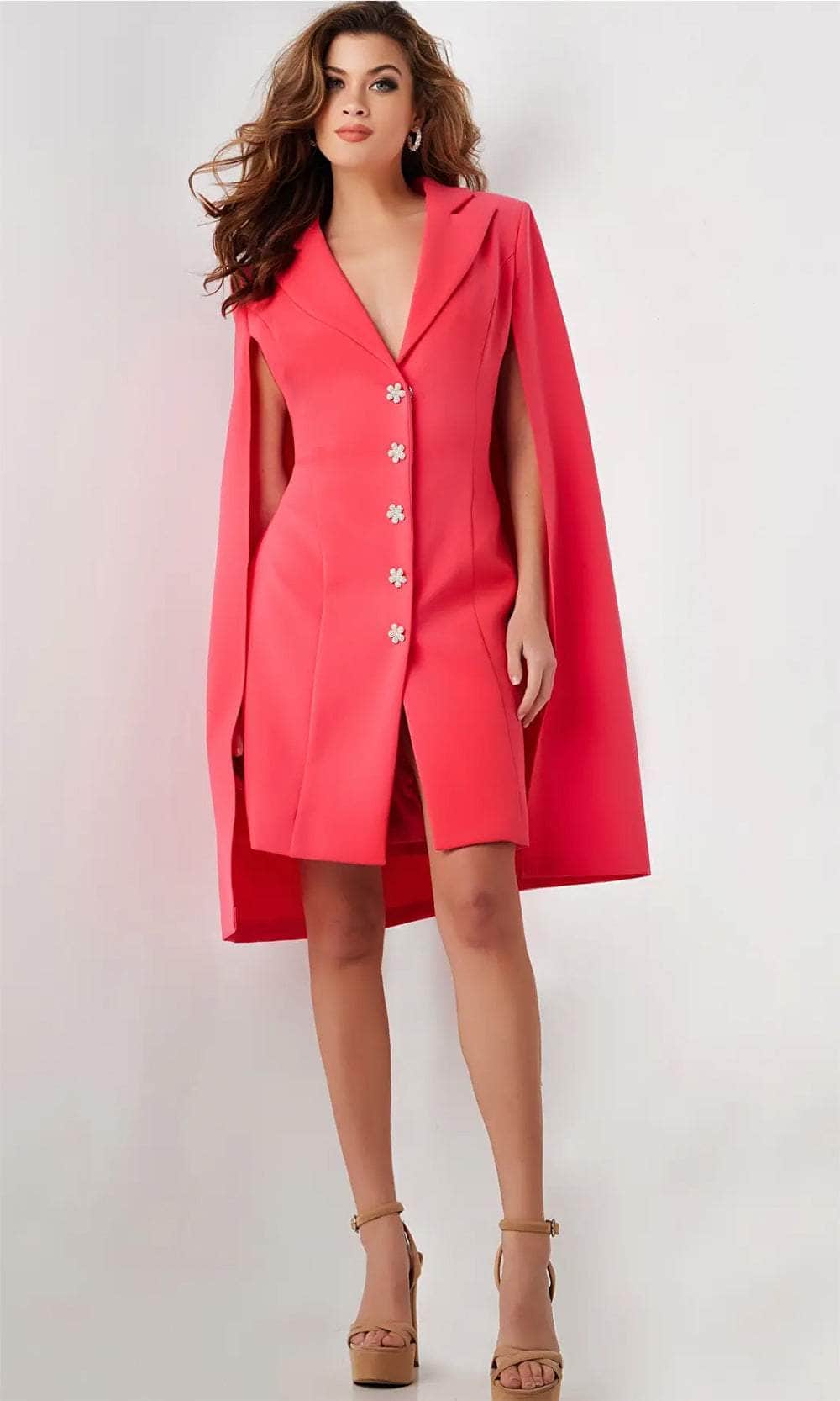 Jovani 26026 - Cape Sleeve Floral Buttons Cocktail Dress Cocktail Dresses 00 / Lip Stick