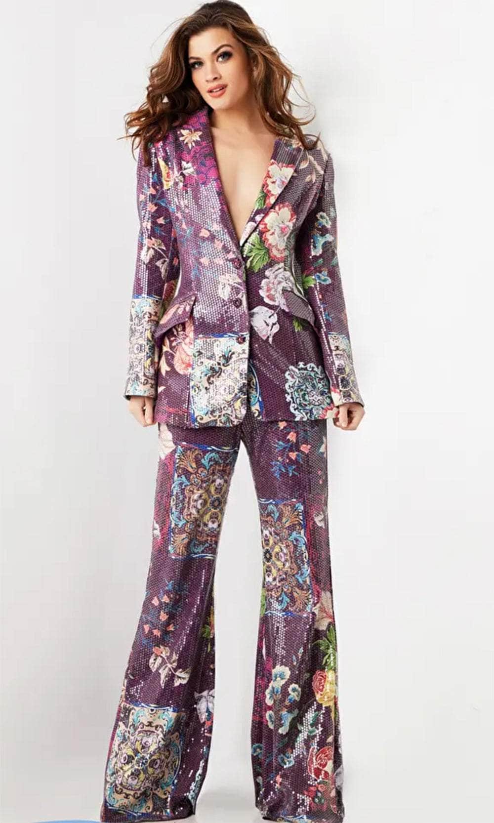 Jovani 26034 - Sequin Embellished Deep V-Neck Pantsuit Formal Pantsuits 00 / Multi