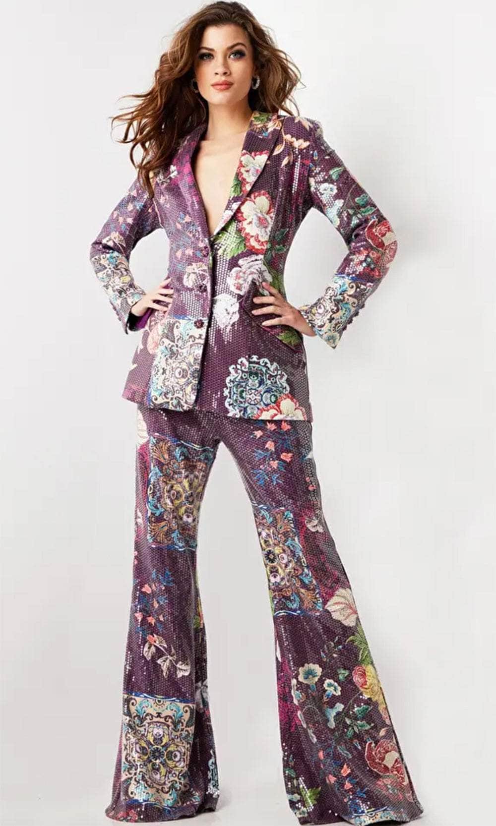 Jovani 26034 - Sequin Embellished Deep V-Neck Pantsuit Formal Pantsuits