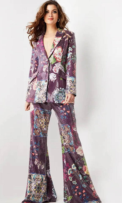 Jovani 26034 - Deep V-Neck Floral Jumpsuit Formal Pantsuit