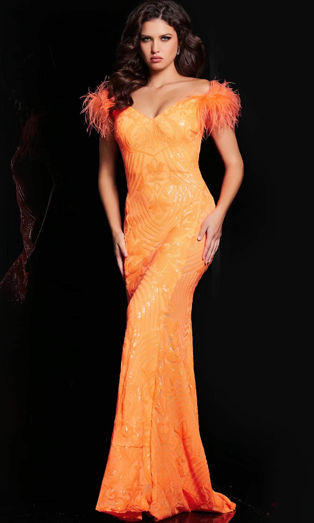 Jovani 26041 - Feathered Sleeve Sequin Prom Dress Special Occasion Dress