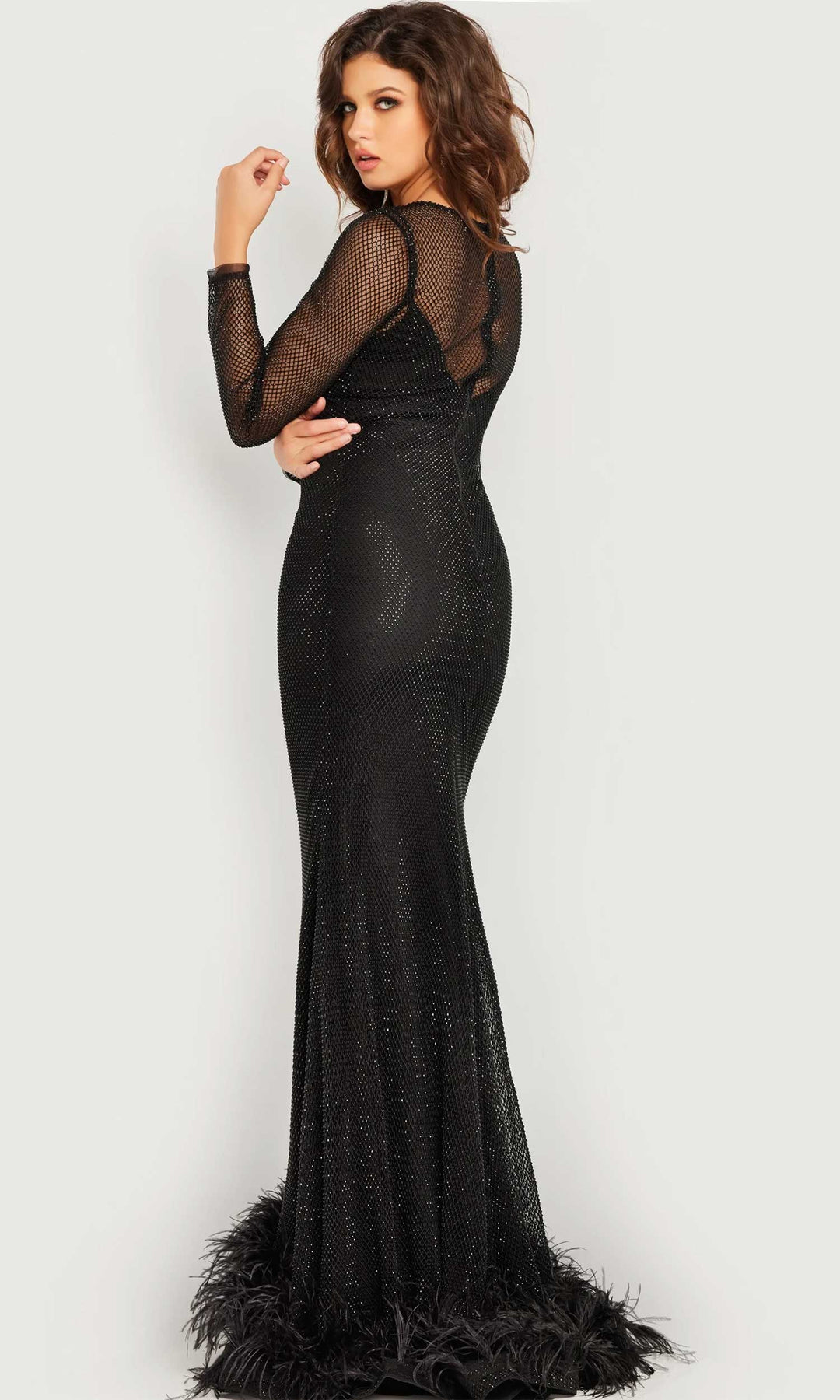 Jovani 26047 - Feather Detailed Long Sleeve Evening Dress