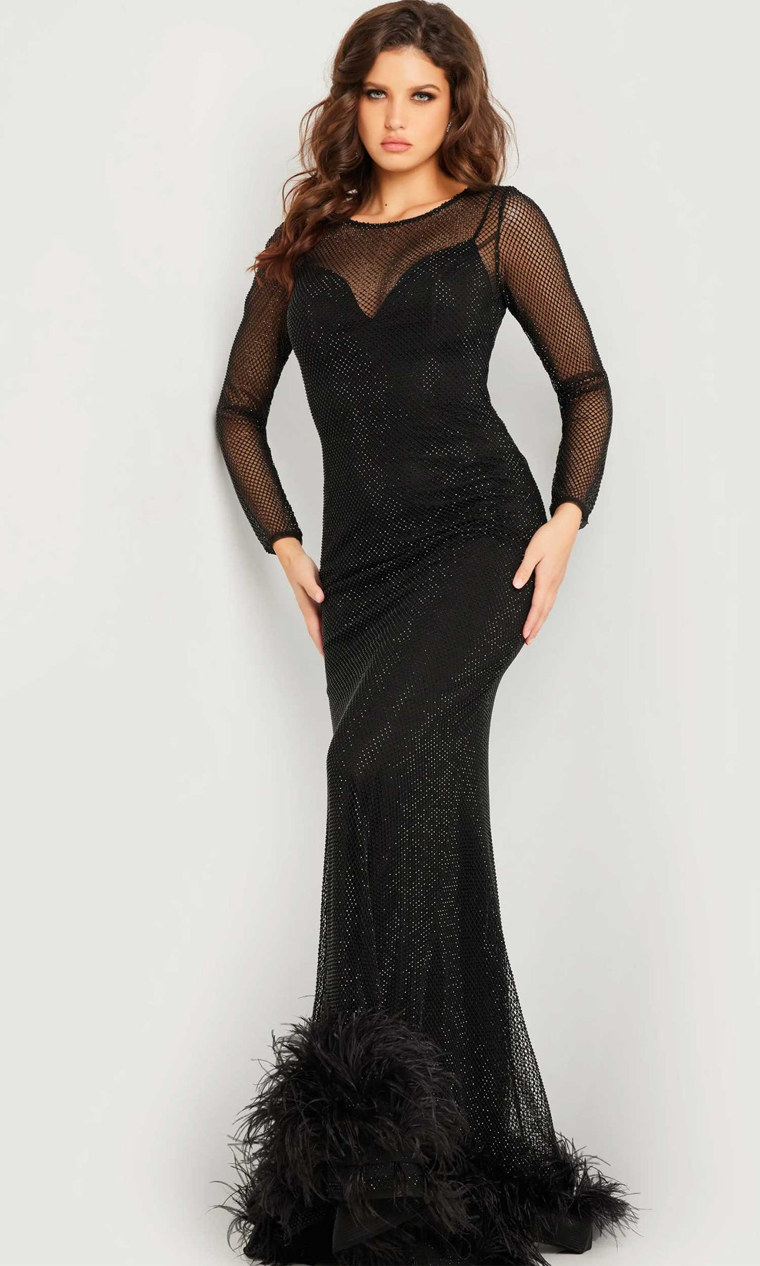 Jovani 26047 - Feather Detailed Long Sleeve Evening Dress