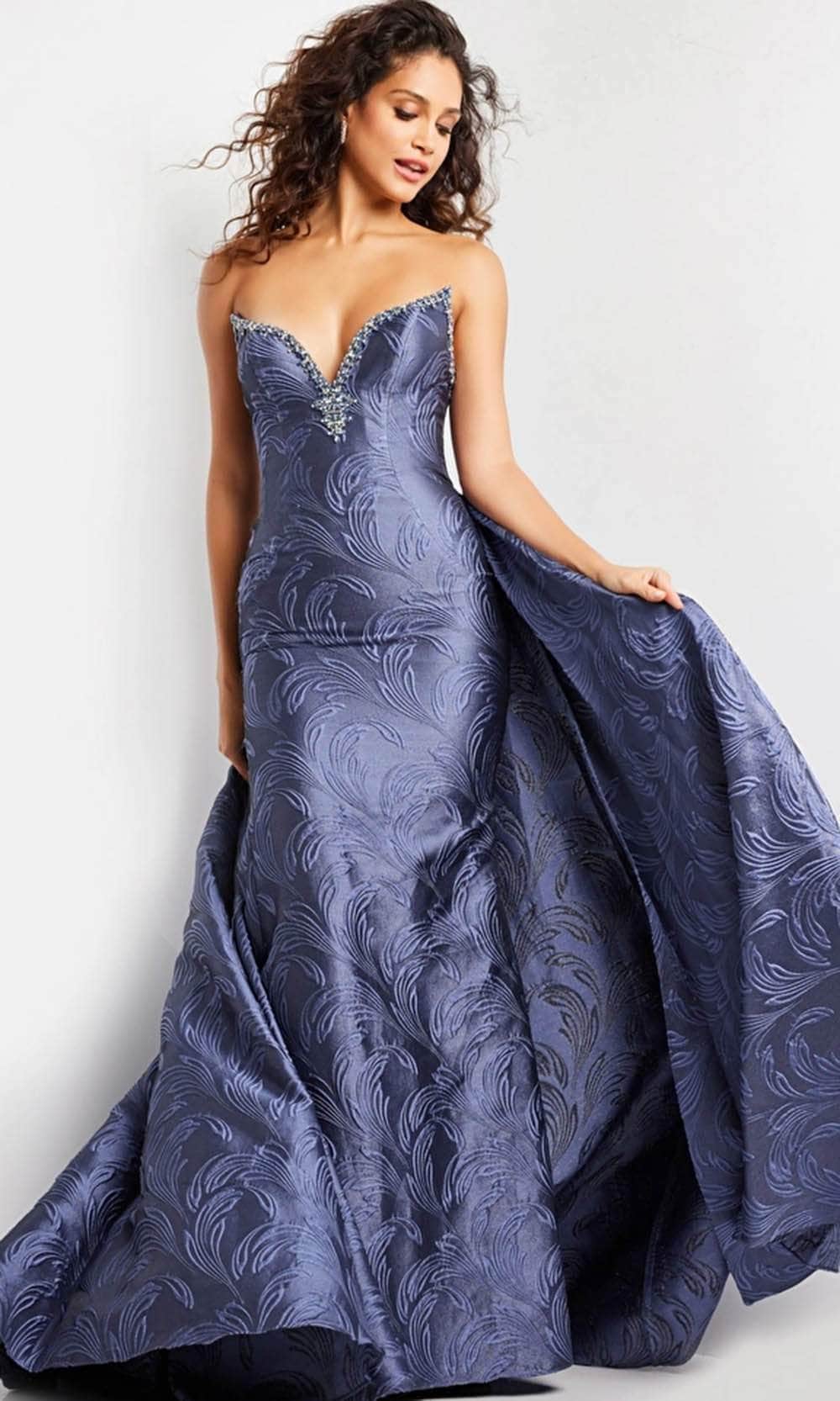 Jovani 26115 - Backless Overskirt Evening Gown Formal Gowns 00 / Grey/Blue