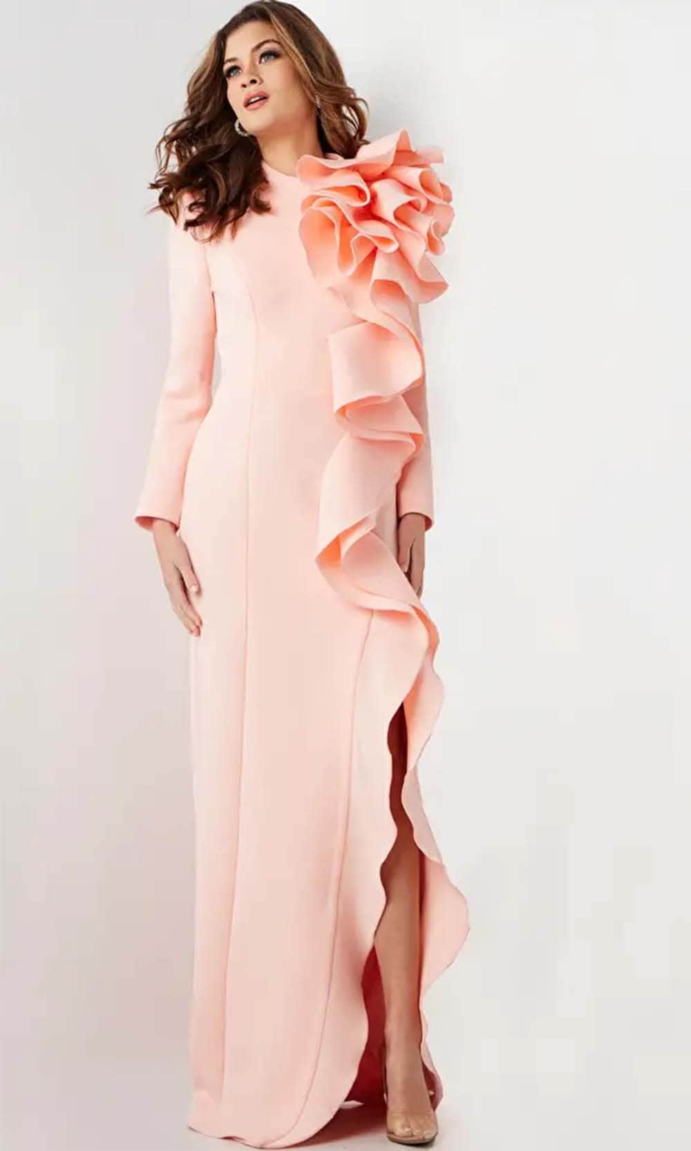 Jovani 26126 - Long Sheath Dress - Ruffle Detail, Long Sleeves, Fitted Bodice, Seams, Back Zipper Closure, Slit ADASA Jovani 26126 - Long Sheath Dress - Ruffle Detail, Long Sleeves, Fitted Bodice, Seams, Back Zipper Closure, Slit ADASA