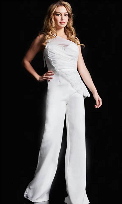 Jovani 26171 - Fitted Asymmetrical Neck Jumpsuit Formal Pantsuit 00 / Bridal White