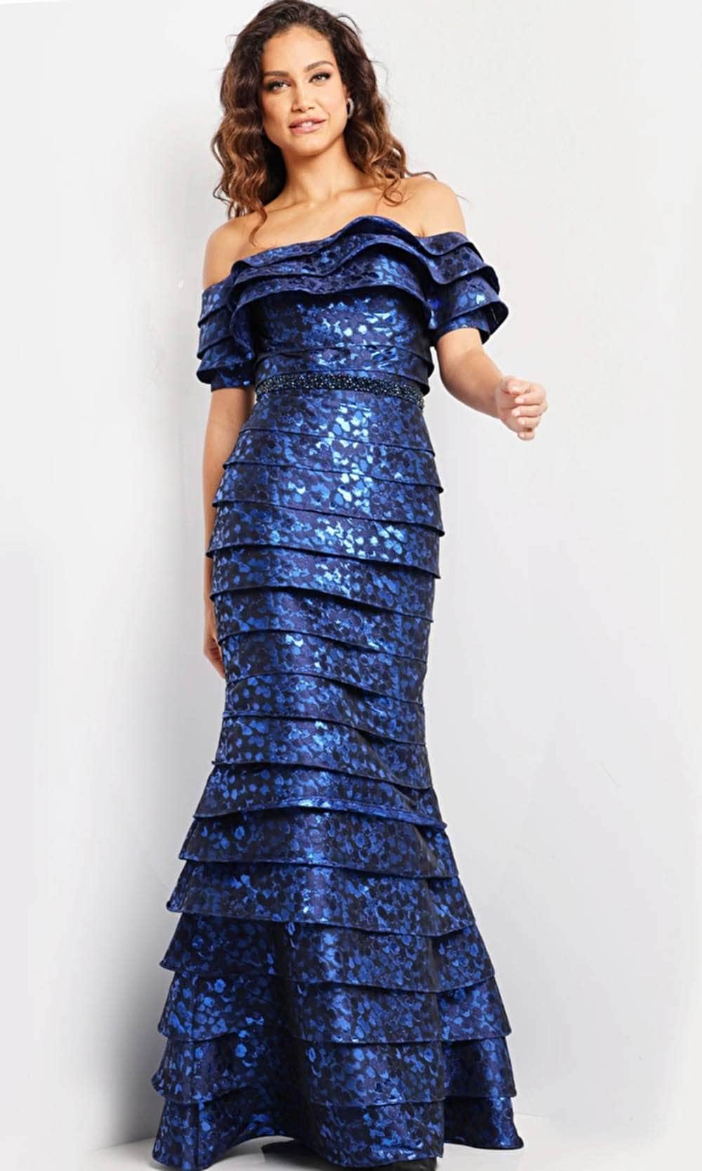 Jovani 26255 - Layered Off Shoulder Evening Gown Mother of the Bride Dresses 00 / Royal