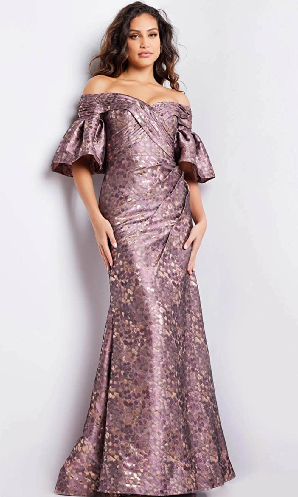 Jovani 26258 - Bell Sleeve Ruched Evening Gown Mother of the Bride Dresses 00 / Gold/Light Brown