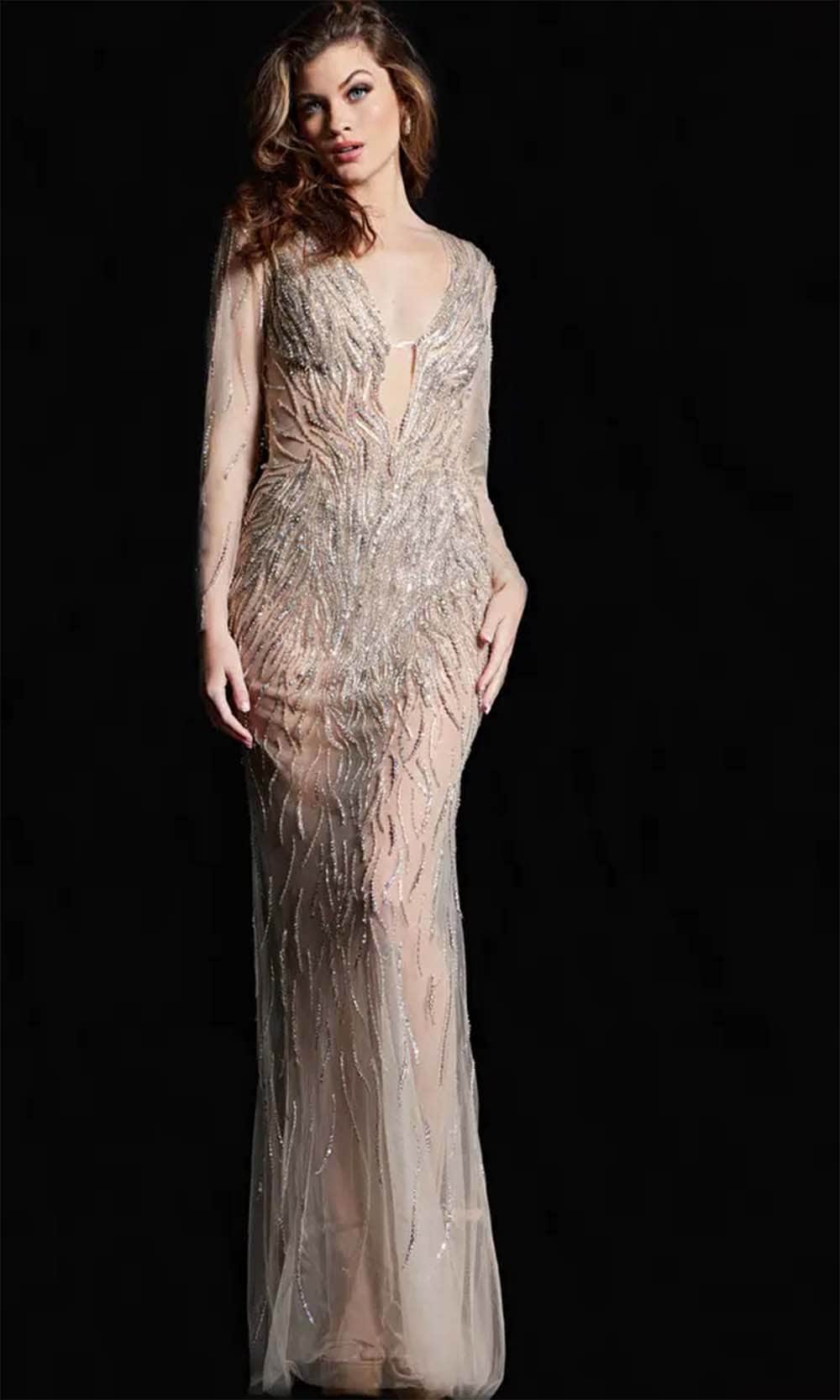 Jovani 26275 - Plunging Neck Embellished Dress Evening Dresses Dresses 00 / Nude