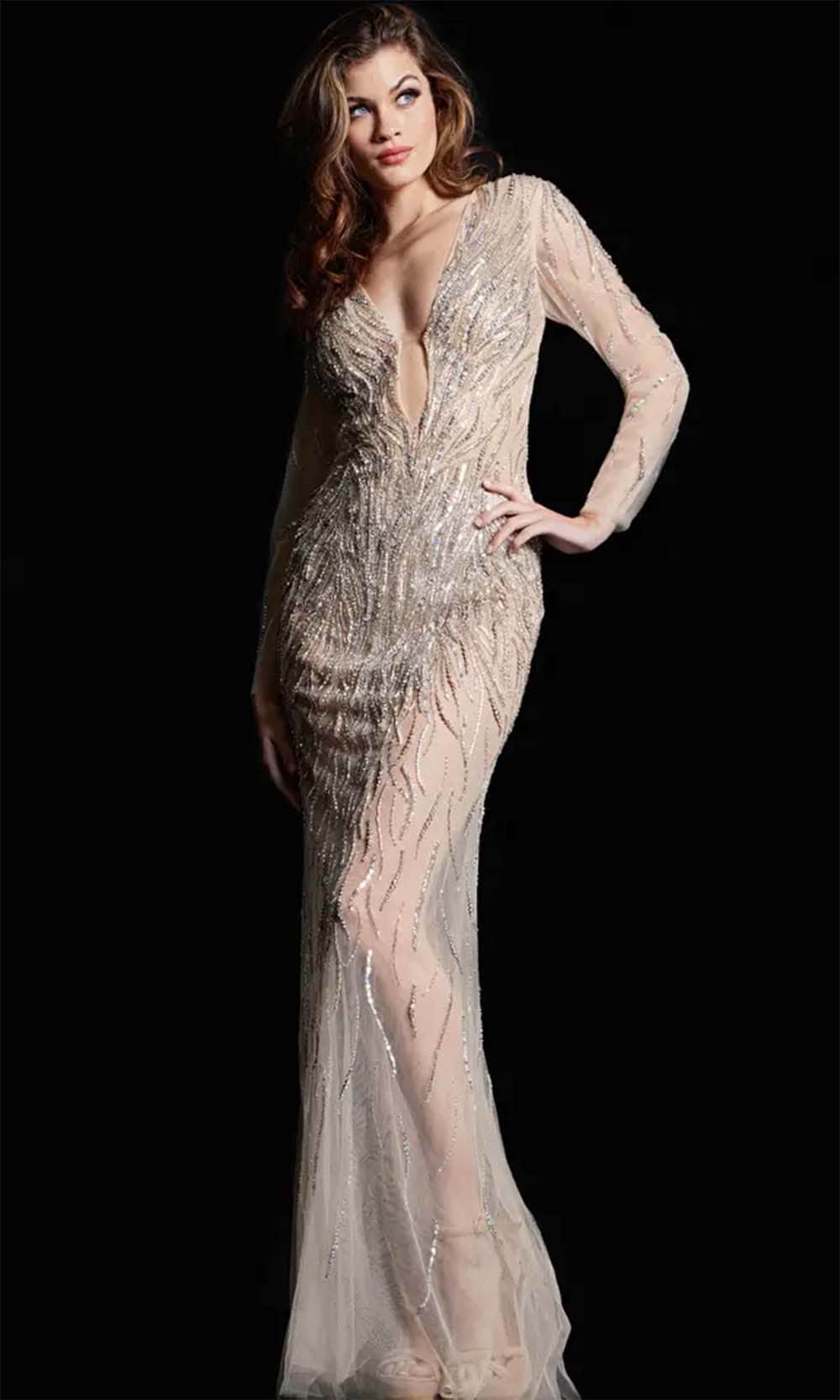 Jovani 26275 - Long Sleeve Plunging Neck Evening Dress Evening Dresses