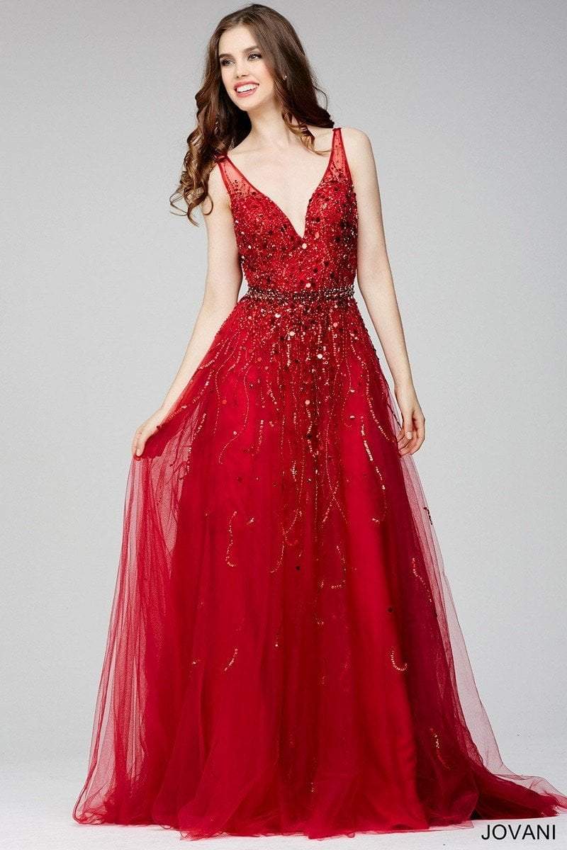 Jovani - 29085 Sleeveless Adorned Tulle Gown in Red