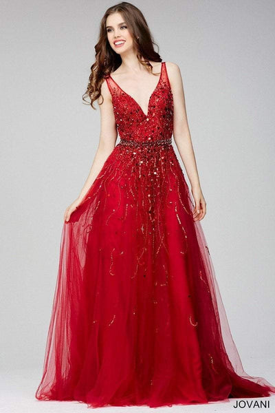 Jovani - 29085 Sleeveless Adorned Tulle Gown in Red