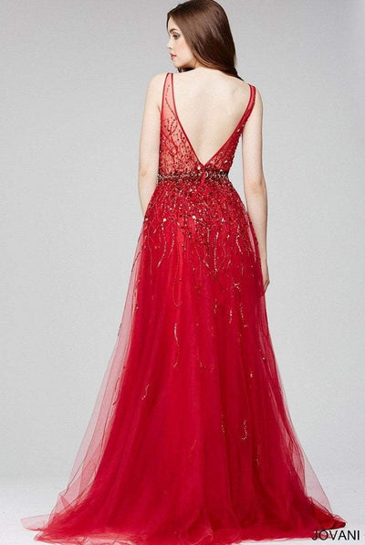 Jovani - 29085 Sleeveless Adorned Tulle Gown in Red