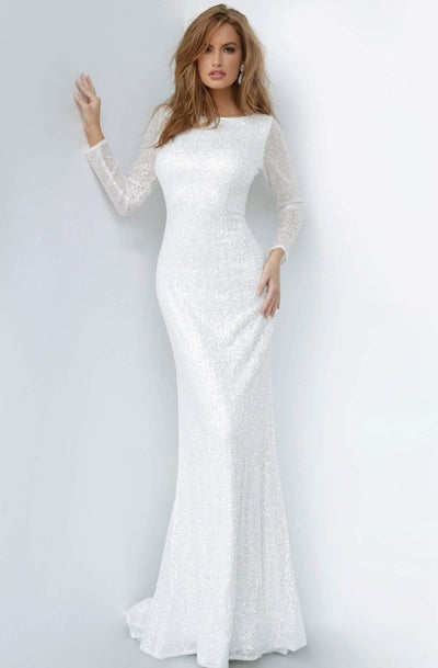 Jovani - 2927 Long Sleeve Bateau Glitter Sheath Dress Evening Dresses 00 / White