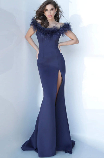 Jovani - 2944 Feathered Off-Shoulder Trumpet Dress Evening Dresses 00 / Navy