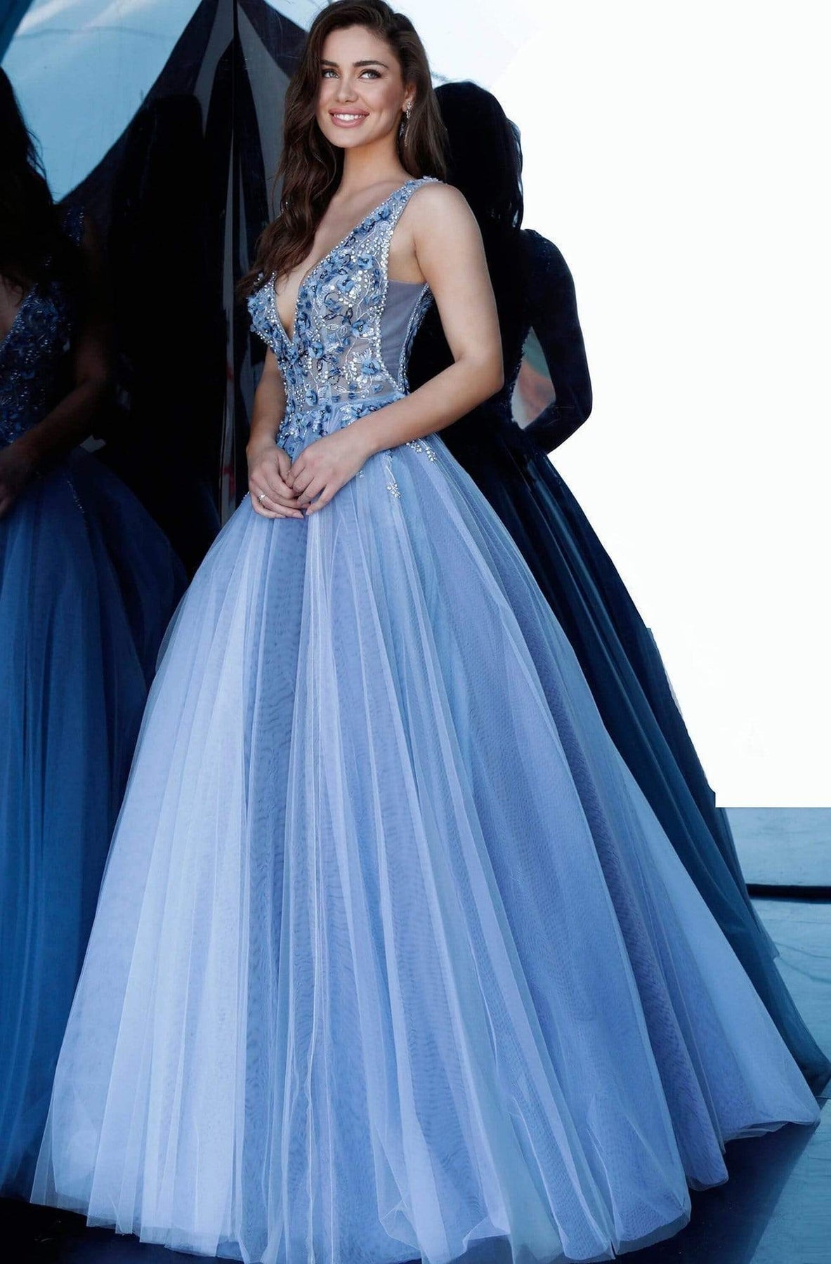 Jovani 3110 Floral Applique Deep V-neck Tulle Ballgown
