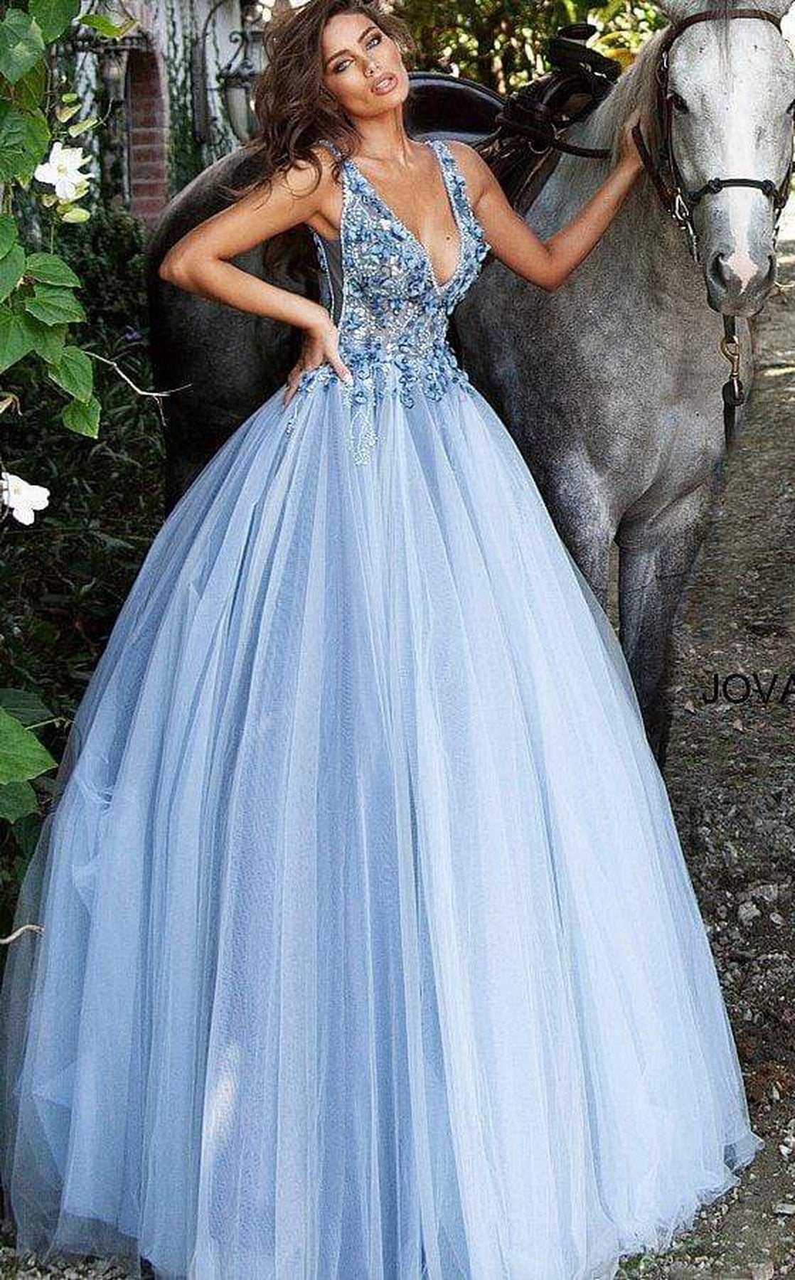 Jovani 3110 Floral Applique Deep V-neck Tulle Ballgown