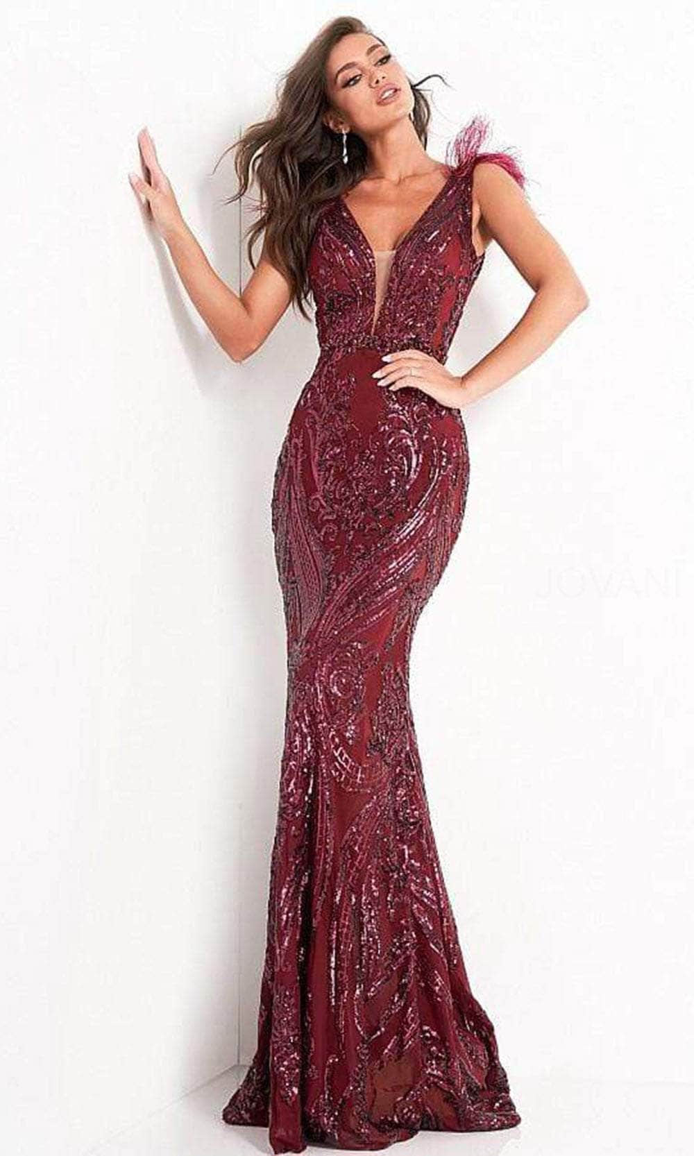 Jovani - 3180 Feathered Cap Sleeve Patterned Sequin Gown Prom Dresses