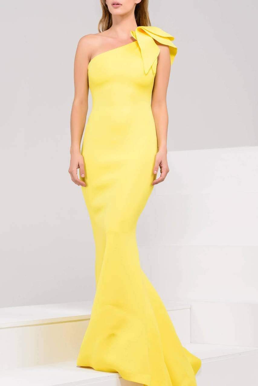 Jovani - 32602 Bow Accented Asymmetrical Mermaid Gown Bridesmaid Dresses