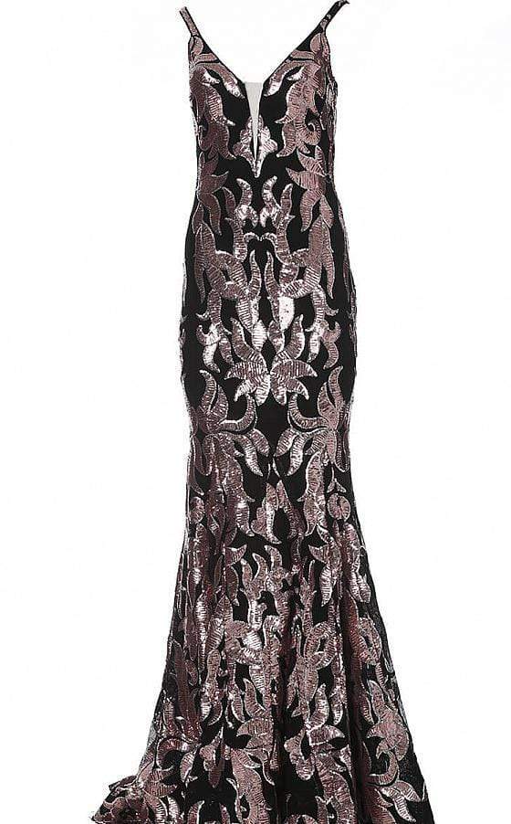 Jovani - 3263 Embellished Deep V-neck Fit and Flare Dress Pageant Dresses 00 / Black/Rose