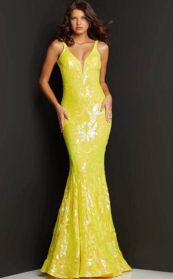 Jovani - 3263 Embellished Deep V-neck Fit and Flare Dress Pageant Dresses 00 / Yellow