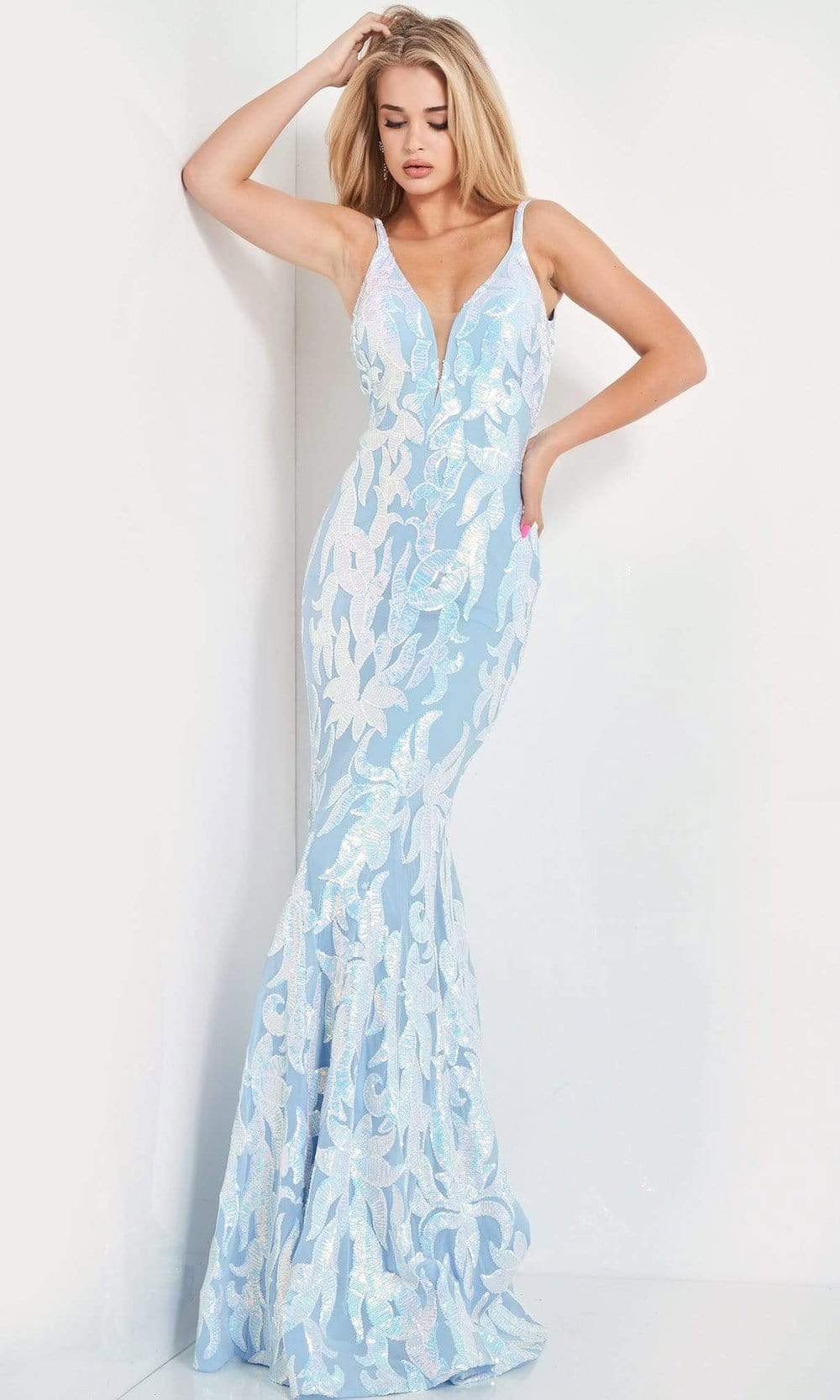 Jovani - 3263 Embellished Deep V-neck Fit and Flare Dress Pageant Dresses