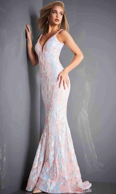 Jovani - 3263 Embellished Deep V-neck Fit and Flare Dress Pageant Dresses