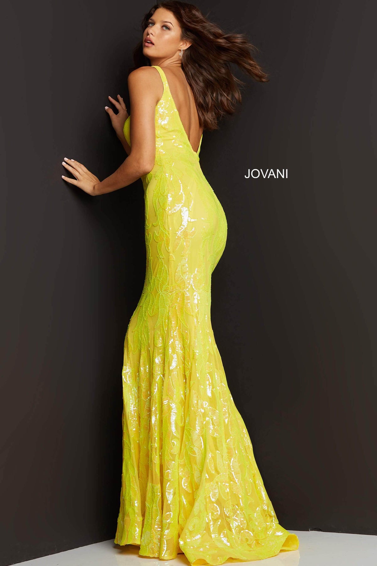 Jovani - 3263 Embellished Deep V-neck Fit and Flare Dress Pageant Dresses
