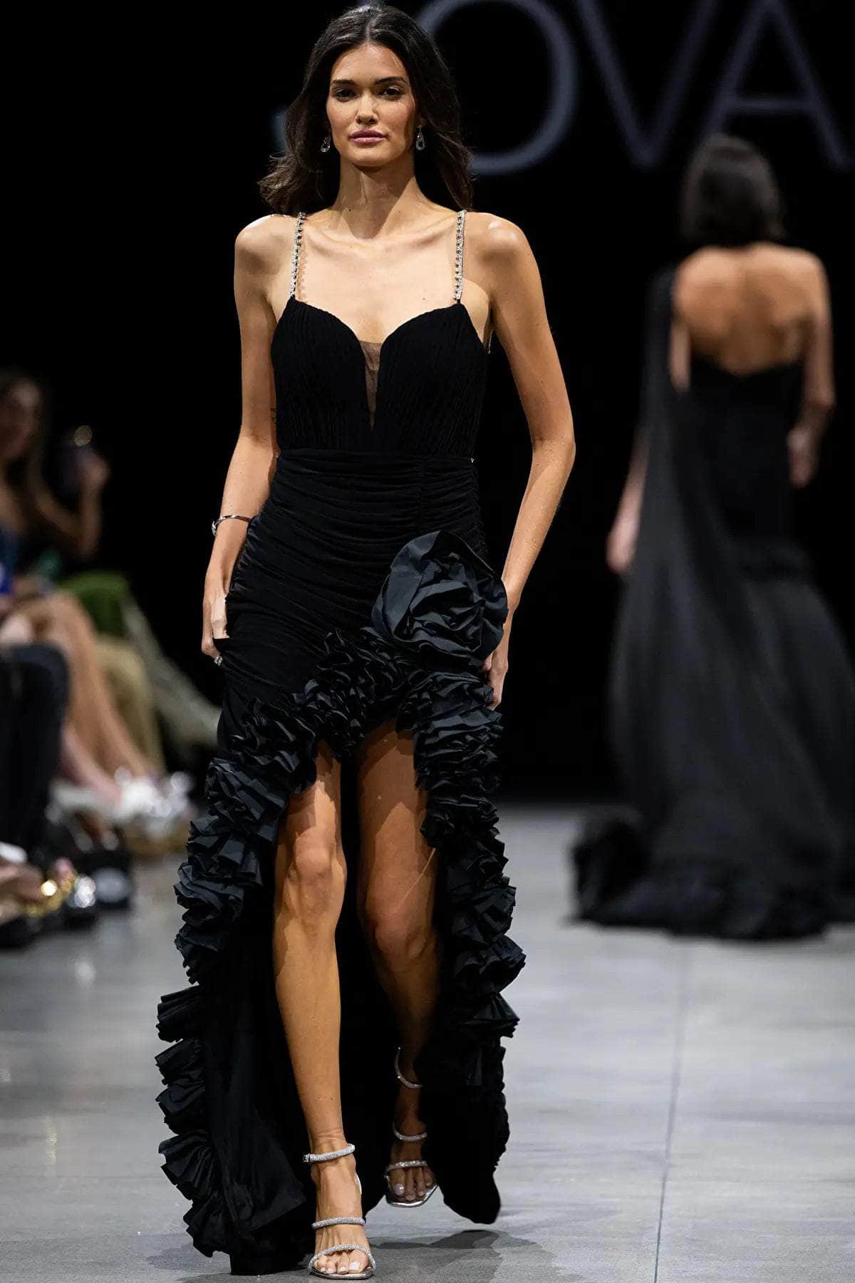 Jovani 34392 - Ruffled Slit Beaded Long Dress Prom Dresses