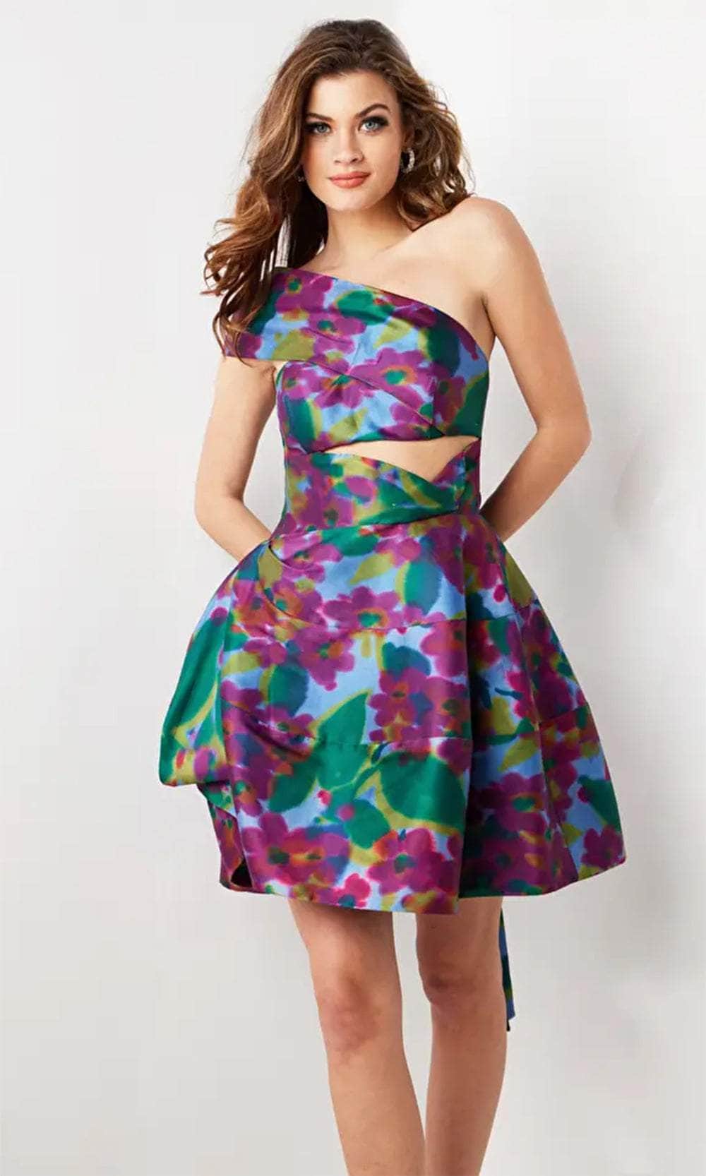 Jovani 34408 - One-Sleeve Cut-Out Detailed Cocktail Dress Cocktail Dresses 00 / Multi