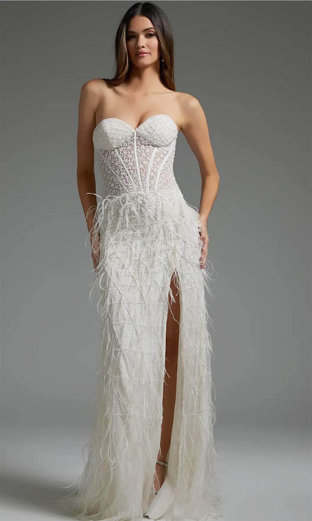Jovani 36362 - Feathered Sheath Bridal Gown Bridal Dresses 00  Off-White
